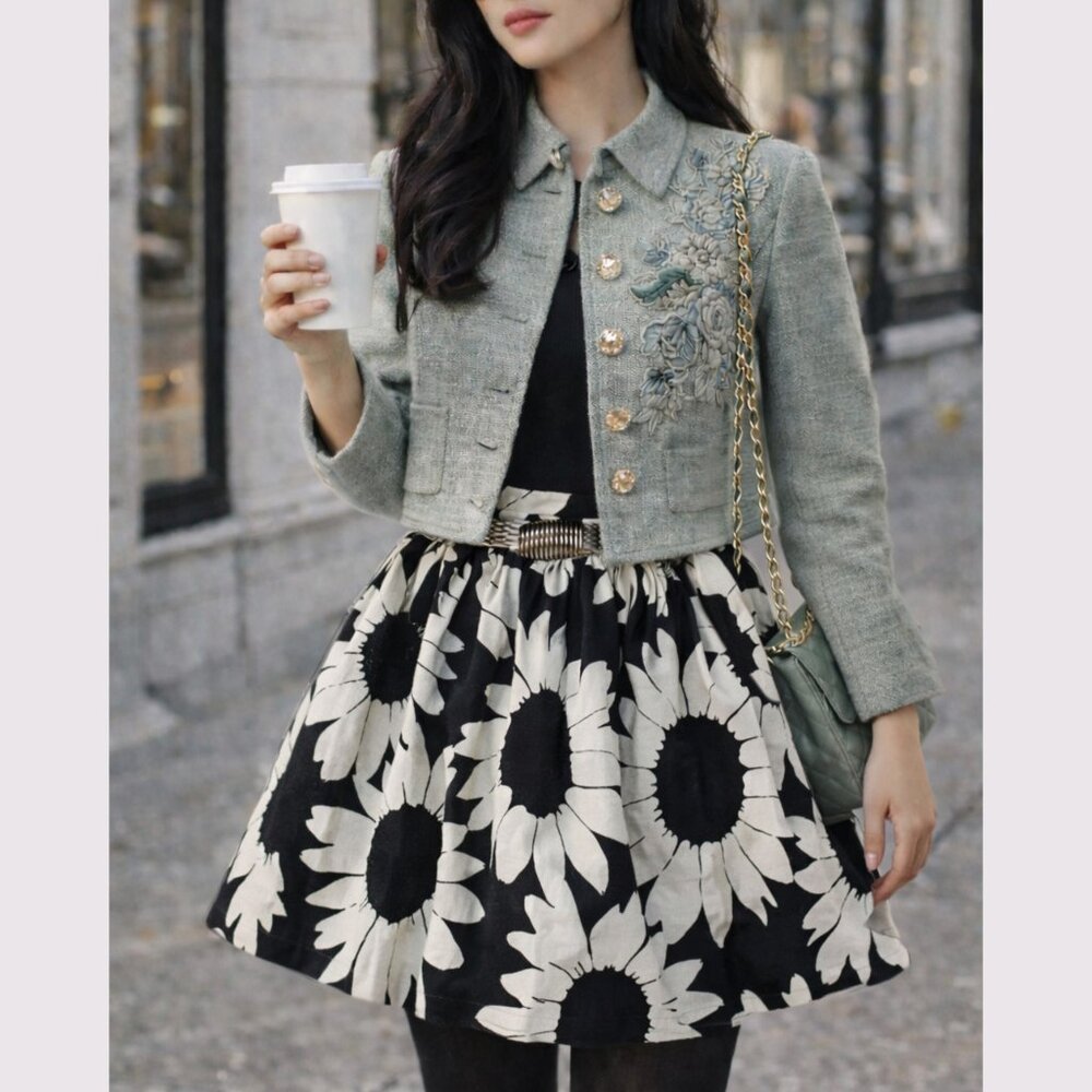 Alice + Olivia Tania Black Ivory Sunflower Full Skirt Size 0